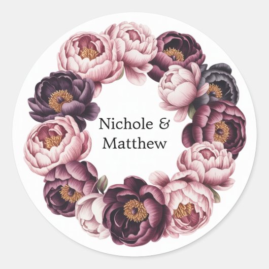 Blush en Plum Peony Krans Trouwen Ronde Sticker (Voorkant)