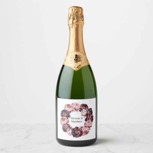 Blush en Plum Peony Krans Trouwen Sparkling Wijnetiket (Voorkant)