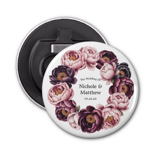 Blush en Plum Peony Krans Wedding Favoriet Button Flesopener (Voorkant)