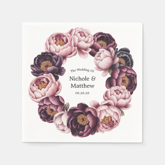 Blush en Plum Peony Krans Wedding Favoriet Servet (Voorkant)