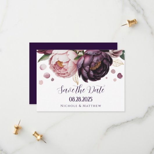 Blush en Plum Pony Bloemen Trouwen Save The Date (Voorkant / Achterkant in situ)