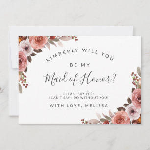 Blush en Roos Floral Be My Maid of Honor Kaart Notitiekaartje