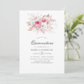 Blush en Roos Gold Floral en Lace Quinceañera Kaart (Staand voorkant)