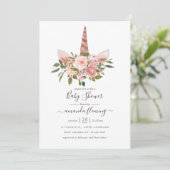 Blush en Roos Gold Floral Unicorn Baby shower Kaart (Staand voorkant)