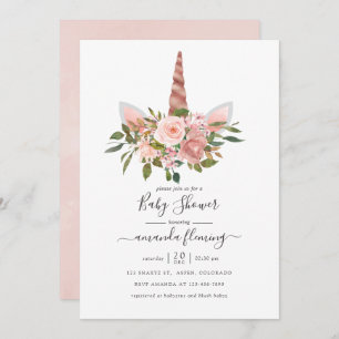 Blush en Roos Gold Floral Unicorn Baby shower Kaart