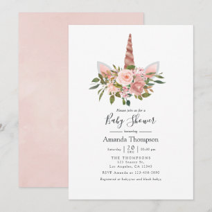 Blush en Roos Gold Floral Unicorn Baby shower Kaart