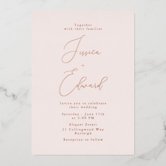 Blush en Roos Gold Foil Wedding Invitation Folie Uitnodiging (Voorkant)