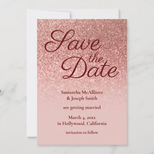Blush en Roos Gold Ombre Glitter Save the Date Kaart (Voorkant)