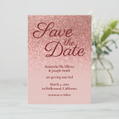 Blush en Roos Gold Ombre Glitter Save the Date Kaart (Staand voorkant)