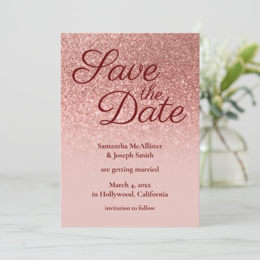Blush en Roos Gold Ombre Glitter Save the Date Kaart (Staand voorkant)