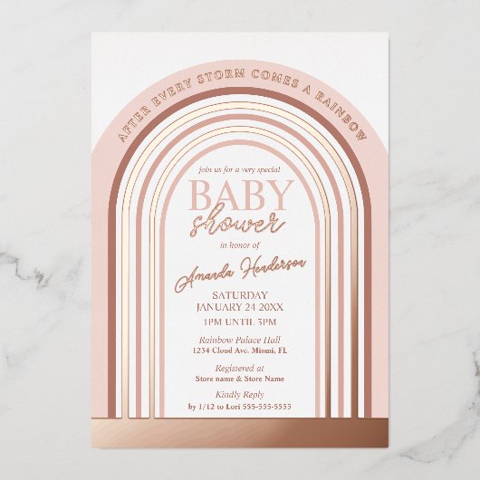 Blush en Roos Gold Rainbow-Baby Baby shower Folie Uitnodiging (Voorkant)