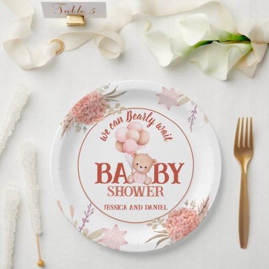 Blush en roze Beer Baby shower 9" Papieren Bordje (Huwelijk)