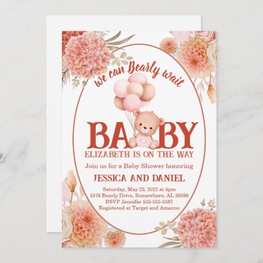 Blush en roze Beer Baby shower Kaart (Voorkant / Achterkant)