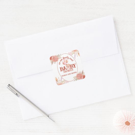 Blush en roze Beer Baby shower Vierkante Sticker (Envelop)