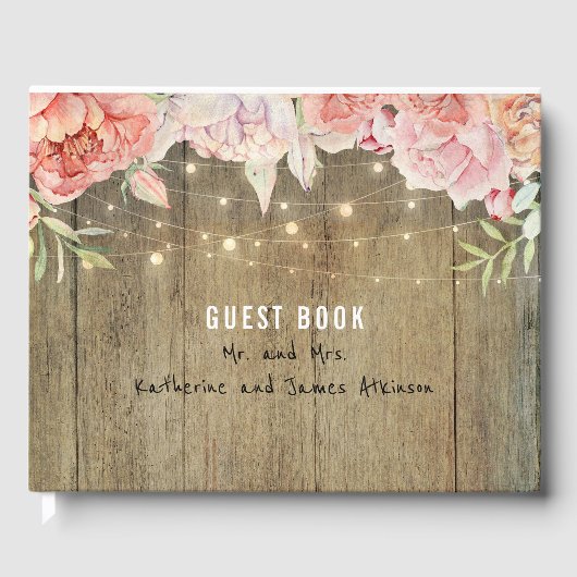Blush en Roze Bloemen Rustieke String Lights Hout Gastenboek (Voorkant)