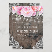 Blush en roze bloemenstring lichten rustiek kaart (Voorkant / Achterkant)