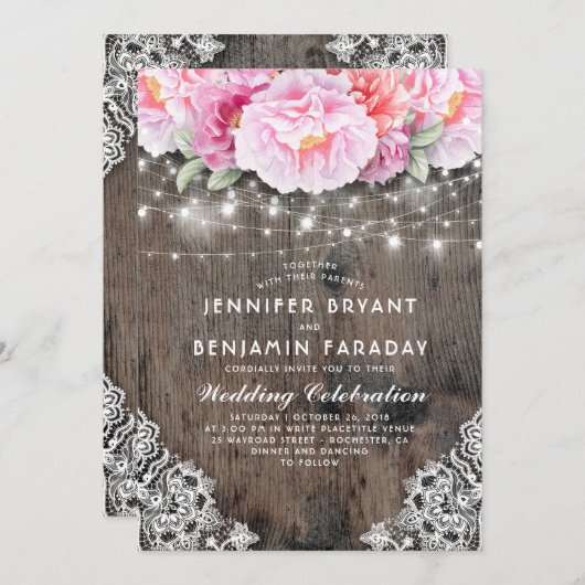 Blush en roze bloemenstring lichten rustiek kaart (Voorkant / Achterkant)