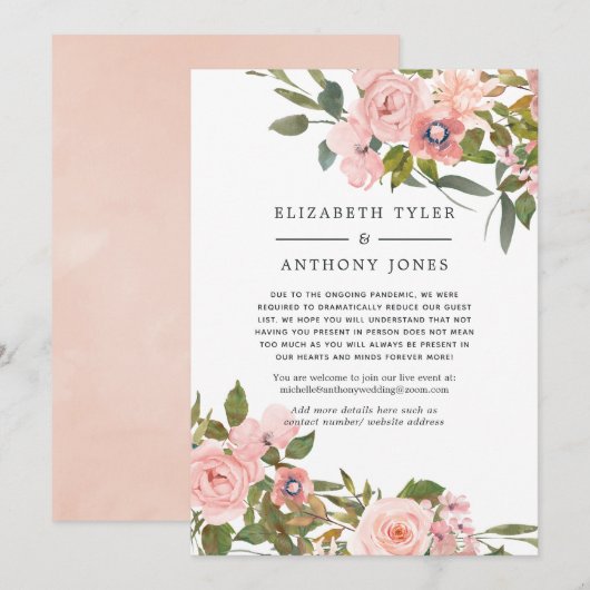 Blush en roze gouden bloemige uitnodiging voor een (Voorkant / Achterkant)