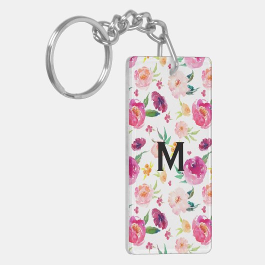 Blush en roze Waterverf pioenrozen Patroon Monogra Sleutelhanger (Voorkant Links)
