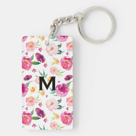 Blush en roze Waterverf pioenrozen Patroon Monogra Sleutelhanger (achterkant)