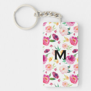 Blush en roze Waterverf pioenrozen Patroon Monogra Sleutelhanger