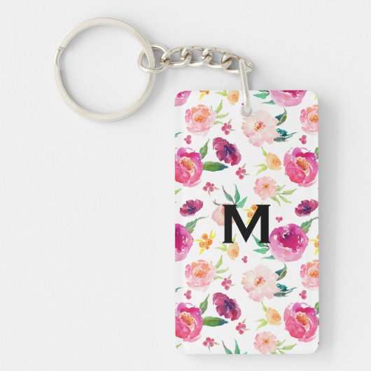 Blush en roze Waterverf pioenrozen Patroon Monogra Sleutelhanger (Voorkant)