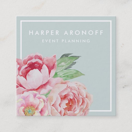Blush en Sage Antiek Peony Square Vierkante Visitekaartje (Voorkant)
