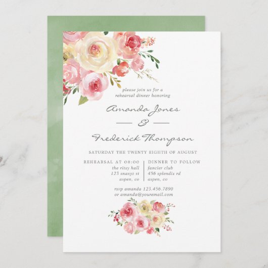Blush en Sage Green Floral Rehearsal Dinner Kaart (Voorkant / Achterkant)