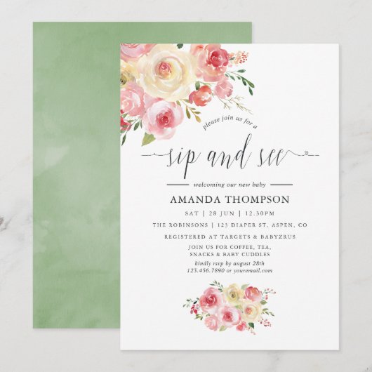 Blush en Sage Green Floral Sip en See Kaart (Voorkant / Achterkant)