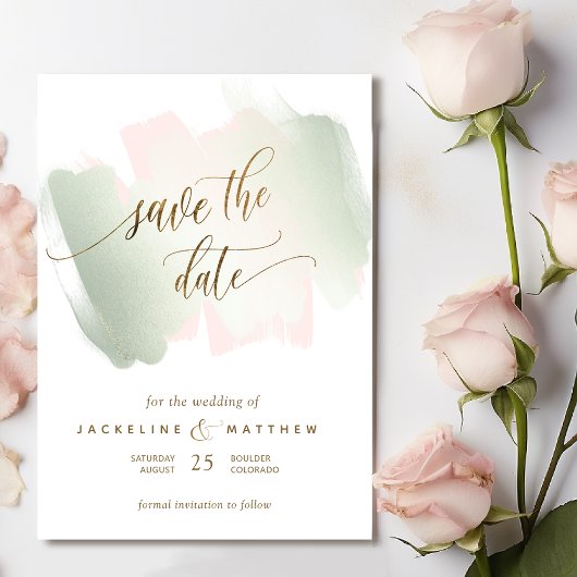 Blush- en Sage-penseelstreken, minimale bruiloft Save The Date