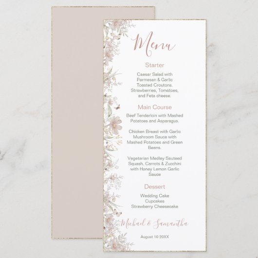Blush en Sage Wilde Bloemen Lente Bruiloft Menu (Voorkant / Achterkant)