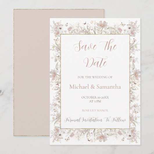 Blush en Sage Wilde Bloemen Lente Bruiloft Save The Date (Voorkant / Achterkant)