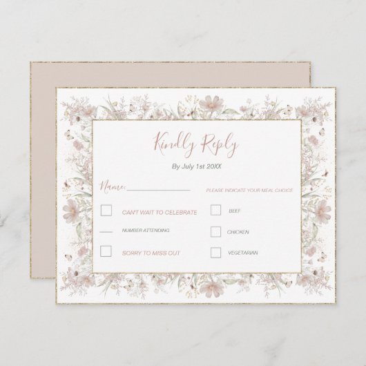 Blush en Sage Wildflower Spring Wedding RSVP Kaartje (Voorkant / Achterkant)