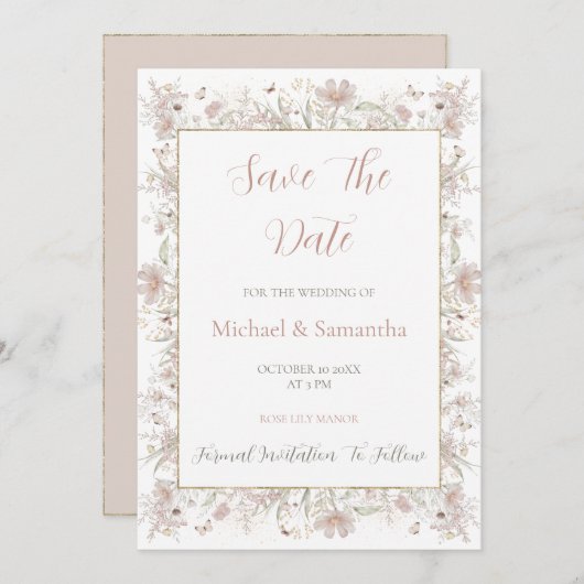 Blush en Sage Wildflower Spring Wedding Save The Date (Voorkant / Achterkant)