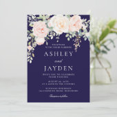 Blush en salie bloemen met Navy bruiloft Kaart (Staand voorkant)