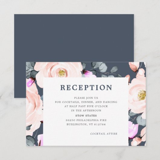 Blush en Smoky Navy Waterverf Bloemenontvangst Informatiekaartje (Voorkant / Achterkant)