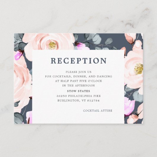 Blush en Smoky Navy Waterverf Bloemenontvangst Informatiekaartje (Voorkant)