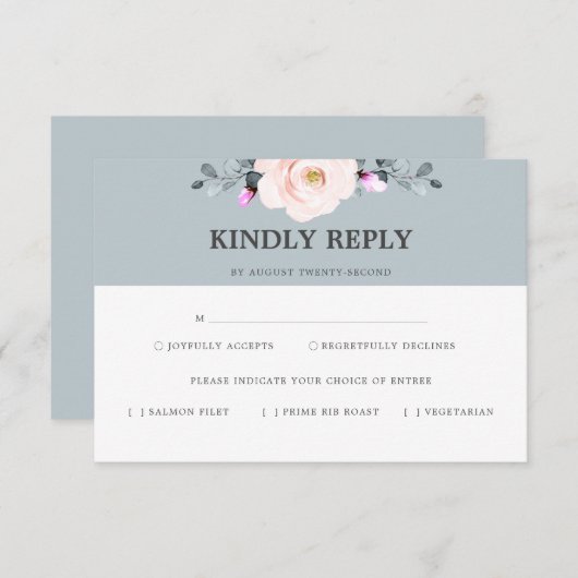Blush en stoffige blauwe bloemen RSVP maaltijd met (Voorkant / Achterkant)