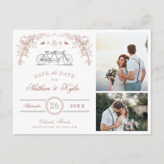 Blush en Taupe Fiets 2 Foto de datum opslaan Aankondigingskaart (Voorkant)