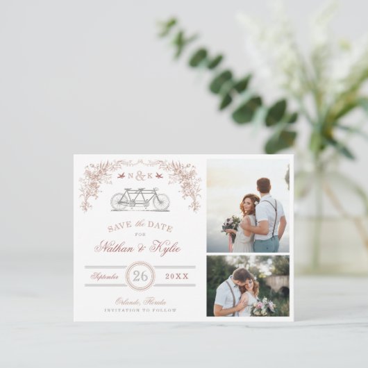 Blush en Taupe Fiets 2 Foto de datum opslaan Aankondigingskaart (Staand voorkant)
