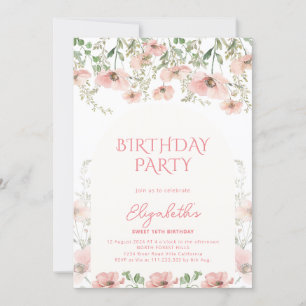 Blush en varen Floral Sweet 16 Verjaardagsfeest Kaart
