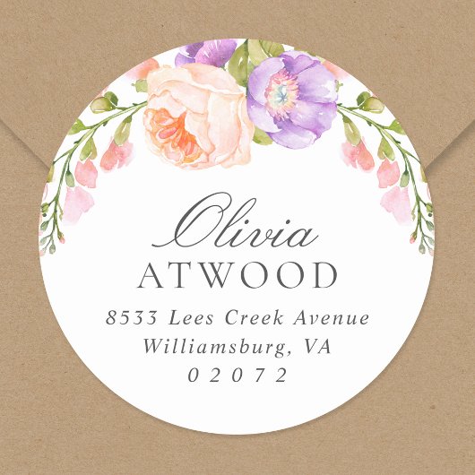 Blush en Violet Bloom Rond Terugkeeradresetiket Ronde Sticker