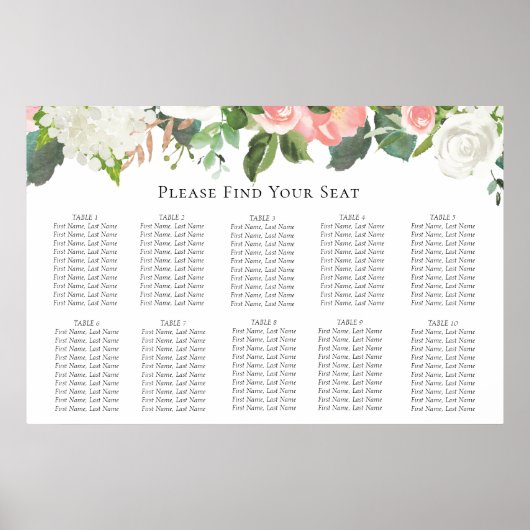 Blush en White Floral Wedding Seating Chart Poster (Voorkant)