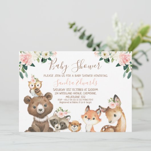 Blush en White Floral Woodland Baby shower Kaart (Staand voorkant)
