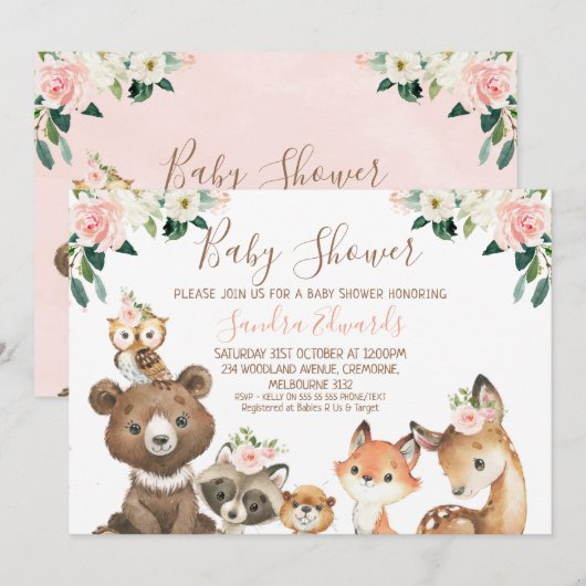 Blush en White Floral Woodland Baby shower Kaart (Voorkant / Achterkant)