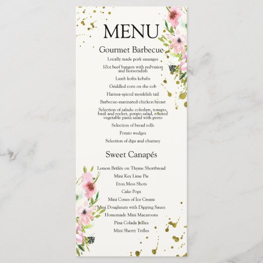 Blush en witte rozen met gouden spetters menu (Voorkant)