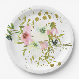 Blush en witte rozen met gouden spetters papieren bordje