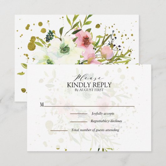 Blush en witte rozen met gouden spetters Weddensch RSVP Kaartje (Voorkant / Achterkant)