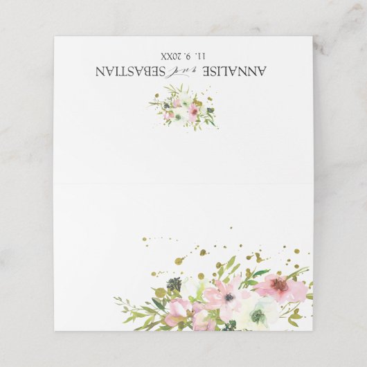 Blush en witte rozen met gouden vlekken bruiloft plaatskaartje (Buitenkant ongevouwen)