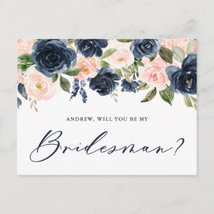 Blush en zeemacht Floral... ben je mijn Bridesman. Briefkaart